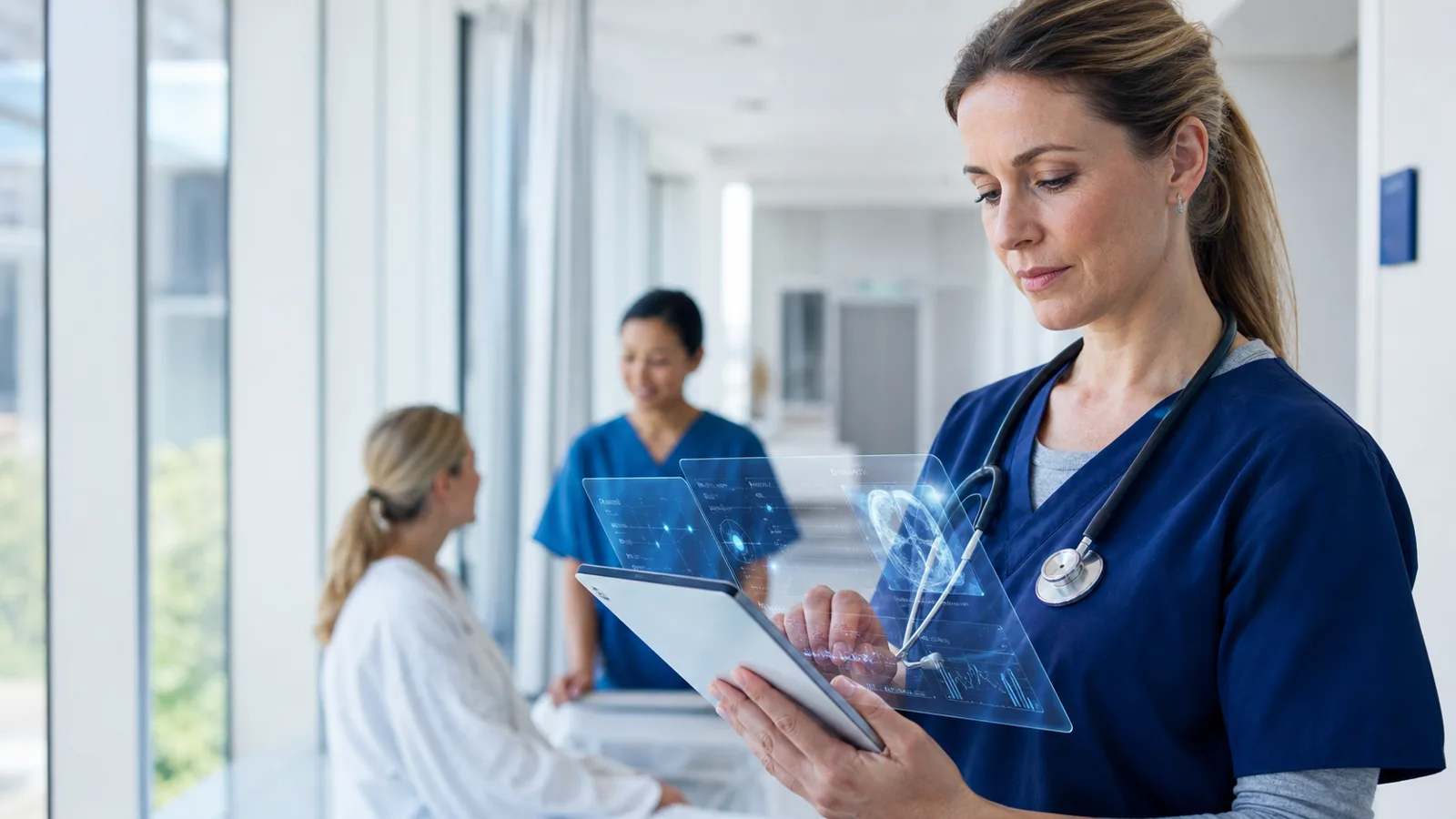 Clinician using digital clinical decision support in a modern hospital