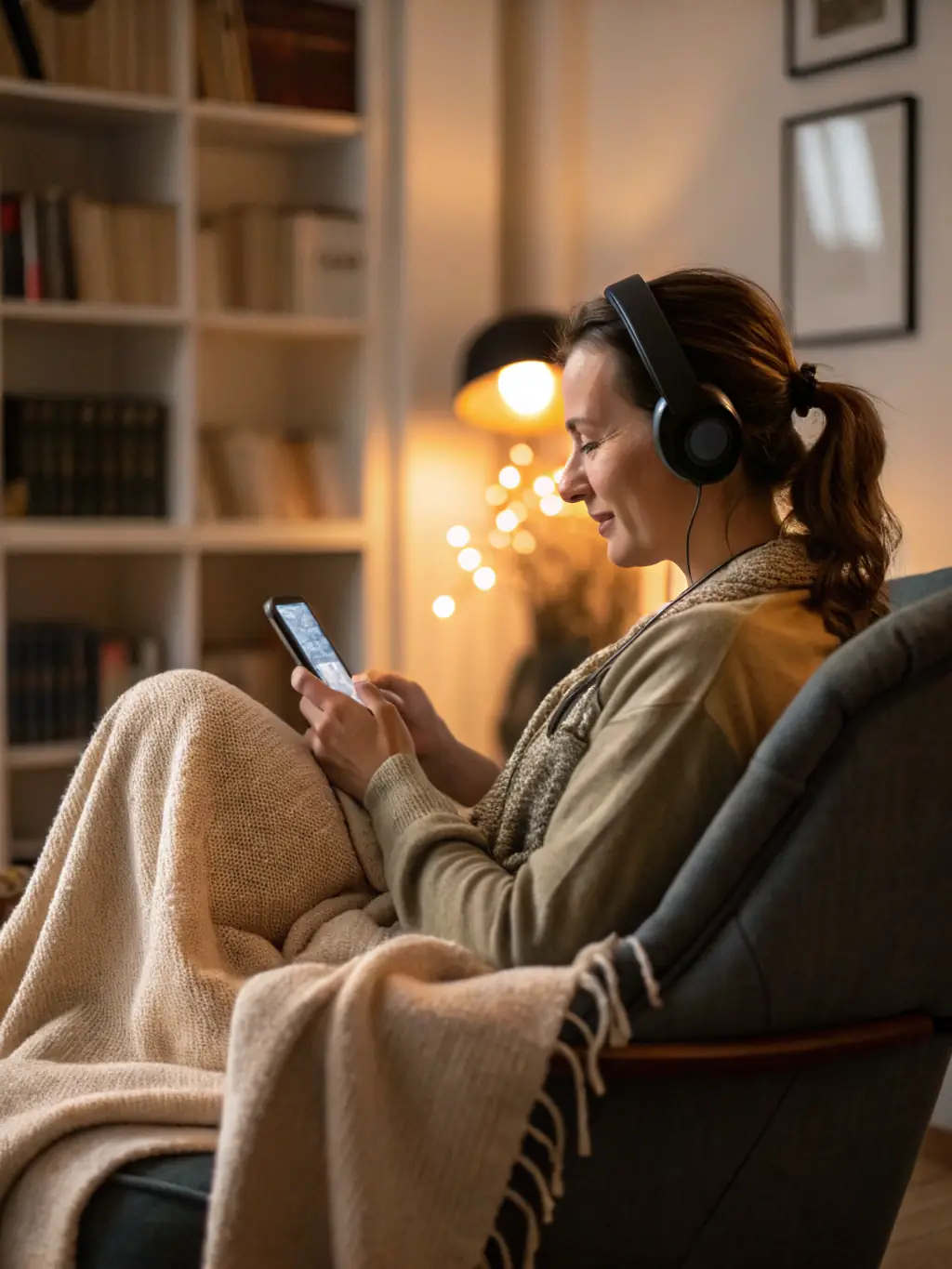 A pregnant woman listening to a podcast with headphones on, showcasing the convenience and accessibility of IntelliPreg's audio content.